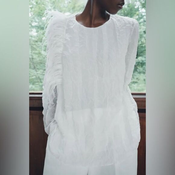 ZARA WHITE  WRINKLED EFFECT FEATHER BLOUSE ZW COLLECTION - Picture 5 of 11